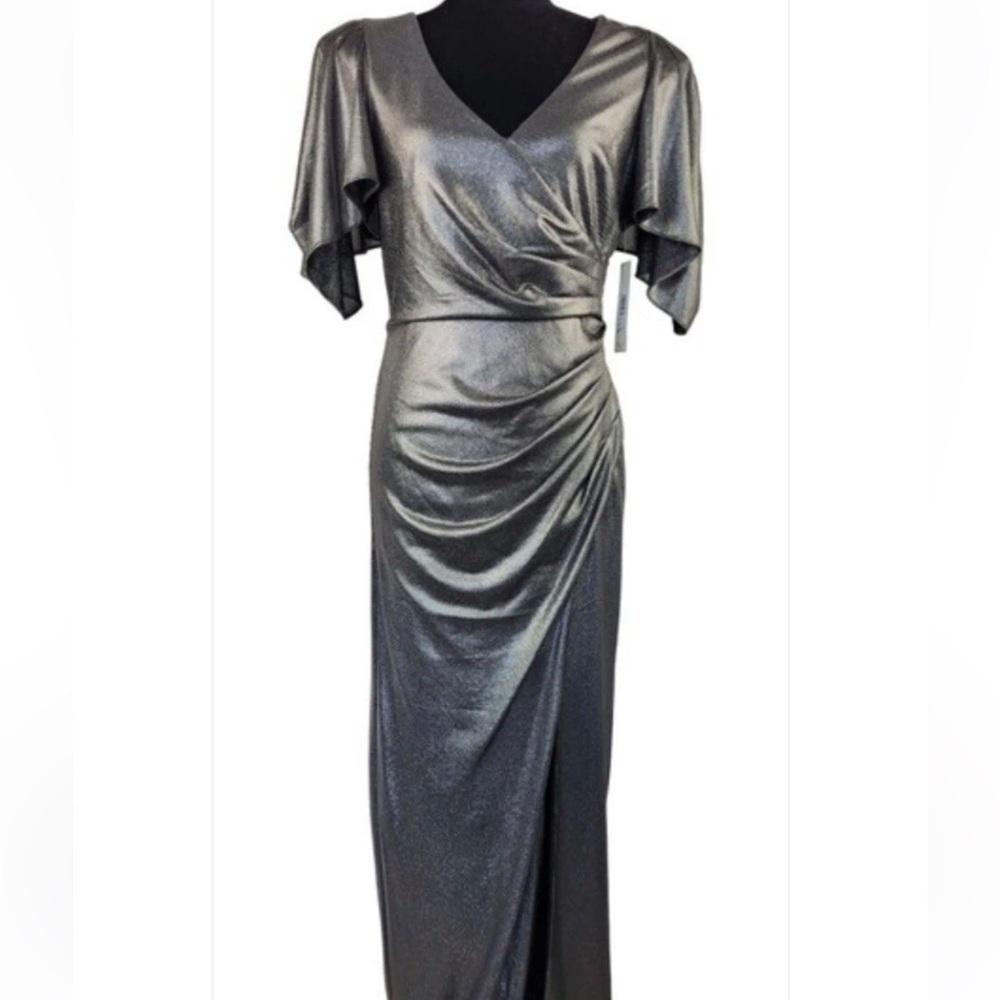 Eliza J Silver Metallic 80’s Style V-Neck Maxi Dress W: Shoulder Pads View 2